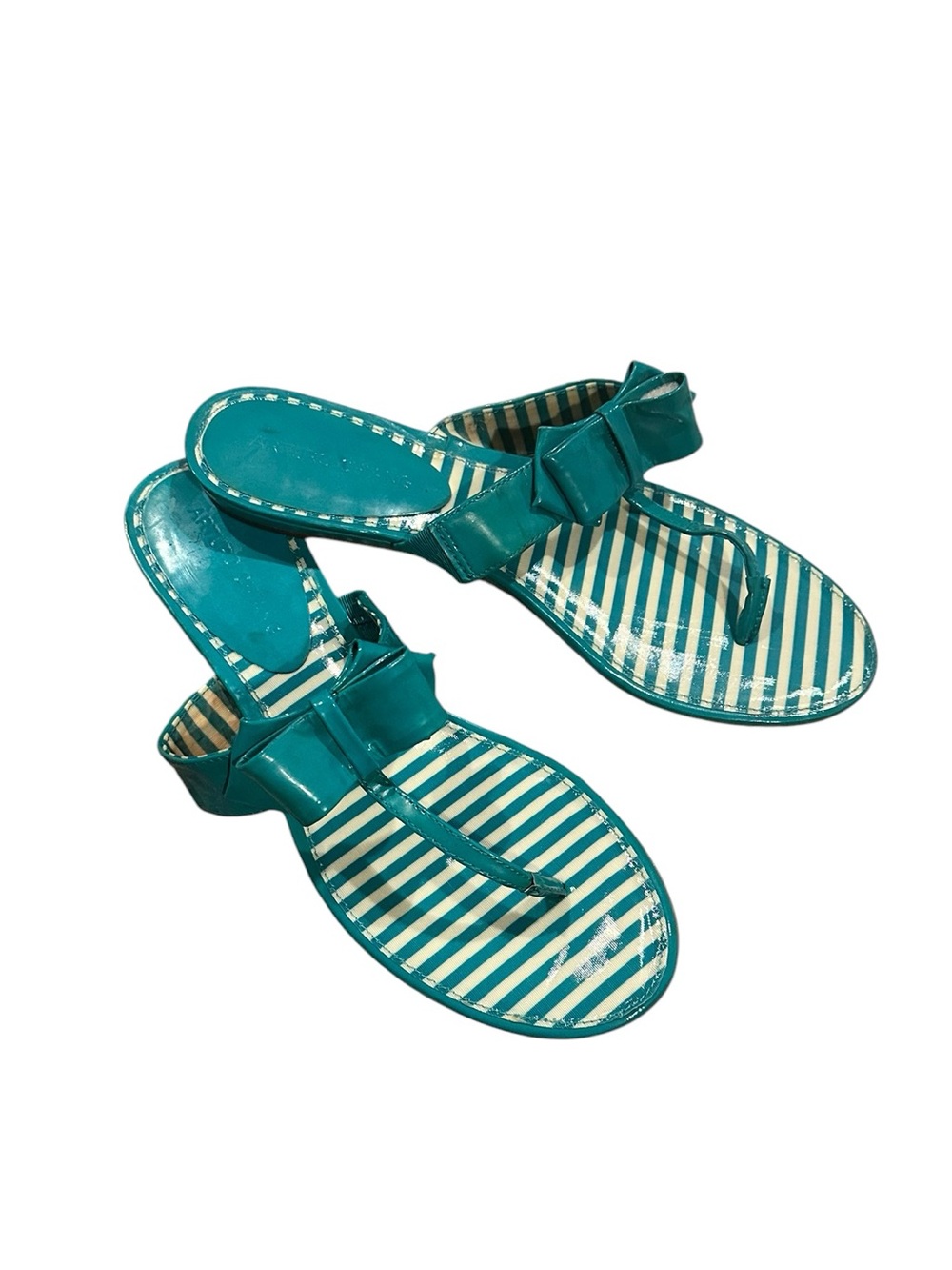 Arturo Chiang Patent Leather Teal Striped Toe Post Thong Bow Sandals 10